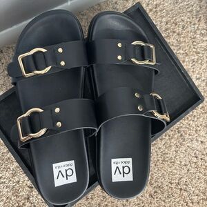 Dolce Vita Black Double Strap Sandals with Gold Buckles